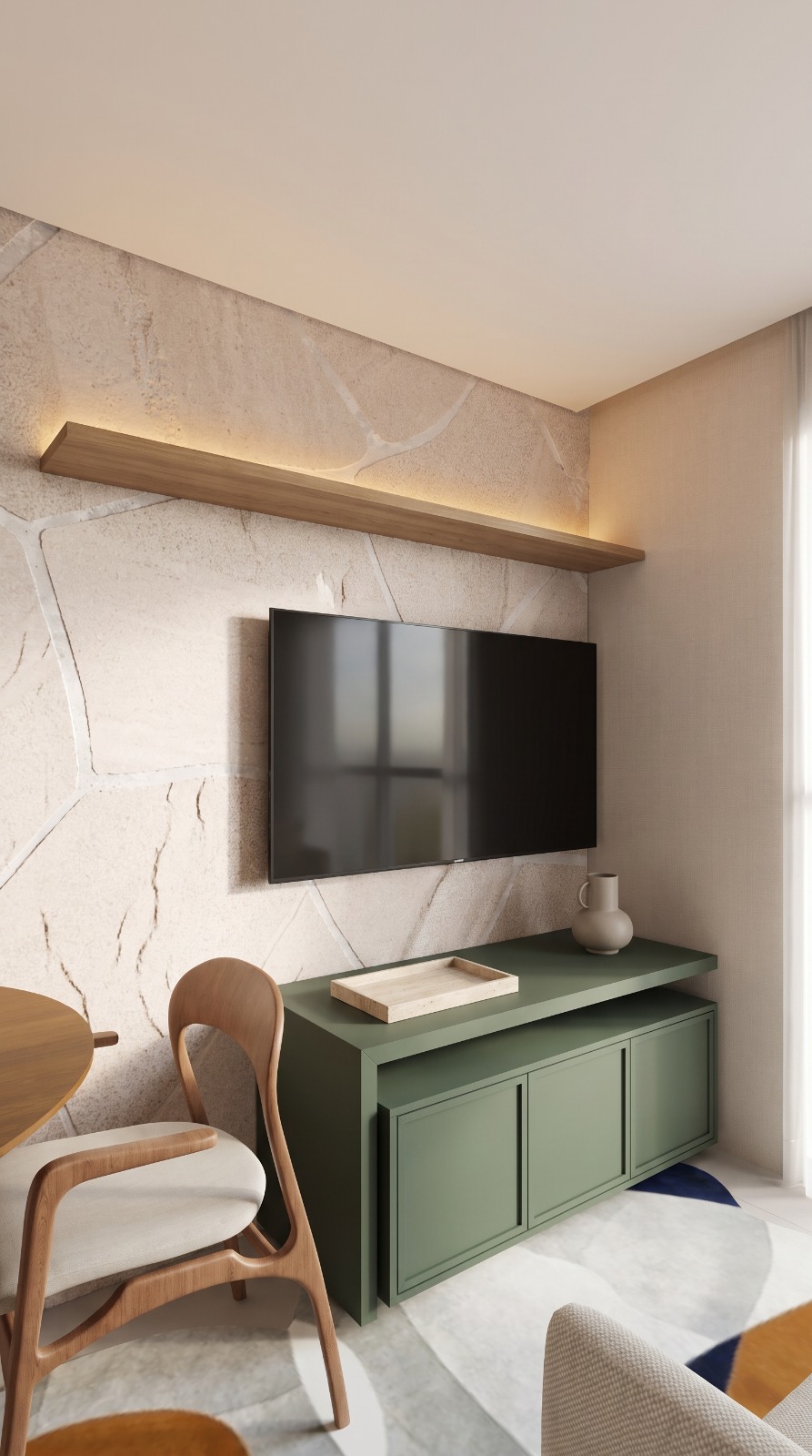 Sala de TV com painel claro e marcenaria verde